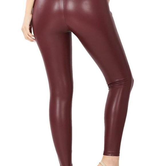 High Waist Faux Leather Leggings Burgundy - Picture 3 of 7